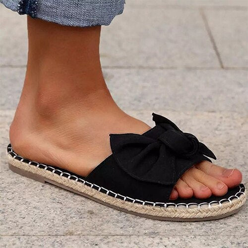 Back to school flowersverse  Women's Bow Slippers  Summer Ladies Sandals Flat Woman Stripe Open Toe Slides Female Beach Shoes Women Slip On Footwear