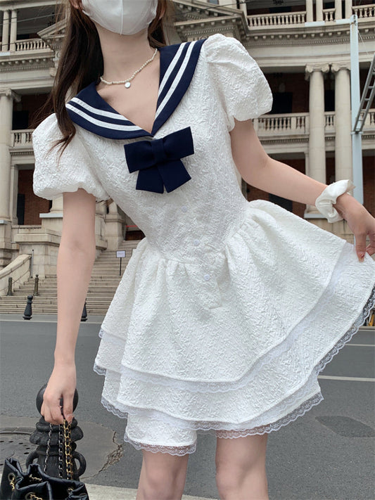 flowersverse Back to school outfit White Y2k Mini Dress Women Casual Sailor Collar Kawaii Clothing Lolita Evening Short Party Dress Elegant Vintage  Summer