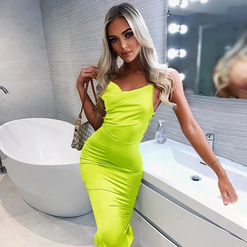 flowersverse-Neon Satin Lace Up Women's Long Midi Dress Light Pink Bodycon Backless Elegant Party Sexy Club Clothes  Summer Dinner Outfit