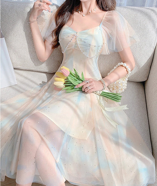 flowersverse Back to school outfit Korean Design Rainbow Fairy Dress Woman Summer Beading Flying Sleeve Sexy Mesh Dresses For Lady Party Night Vestido Mujer