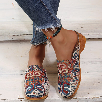 flowersverse  Retro Floral Cloth Lace Up Decor Wood Mules Clogs Comfy Low Heel Sandals Slippers Women Shoes Comfortable Casual Canvas Shoes