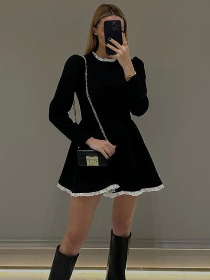 flowersverse- Splice Lace Mini Dress For Women High Waist Slim Elegant Dresses Femme Wedding Retro Temperament Dress Womens Clothes New