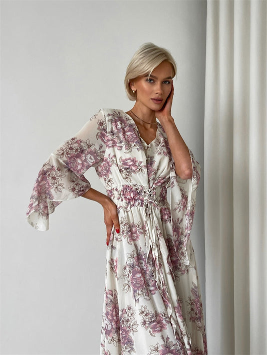 flowersverse Black White Yellow Pink Chiffon Floral Maxi Long Dresses V Neck Sexy Elegant Vintage Bandage Evening Party Dresses For Women