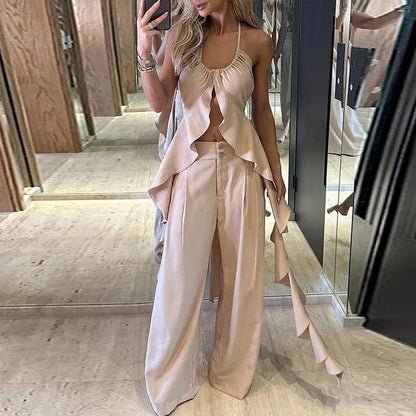 flowersverse- Spring Summer Hollow Ruffle Suits Sexy U-neck Backless Lace-up Top and Button Pants Outfits Women Sleeveless Two Piece Sets