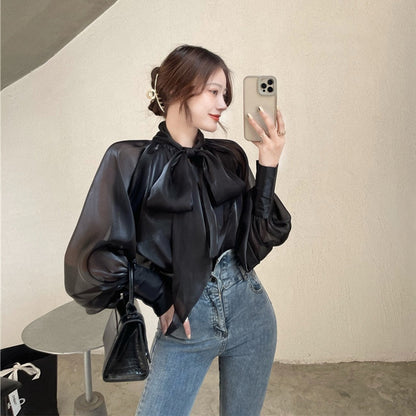 flowersverse Back to school outfit Women Shirts Spring Autumn French Sexy Temperament Female Bow-Tie Shiny Feeling Slightly Transparent Loose Blouse