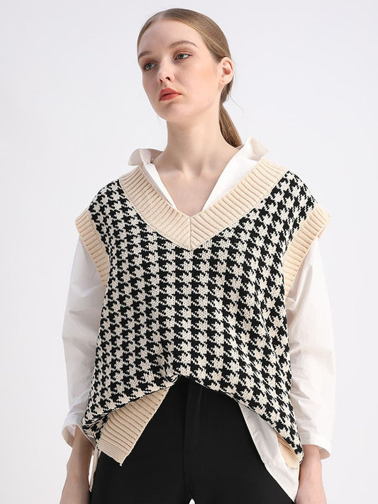 flowersverse Autumn Winter Women Sweater Vest Houndstooth Loose Knitted V-Neck Sleeveless Chic Top Fashion Vintage Sweater Female Waistcoat