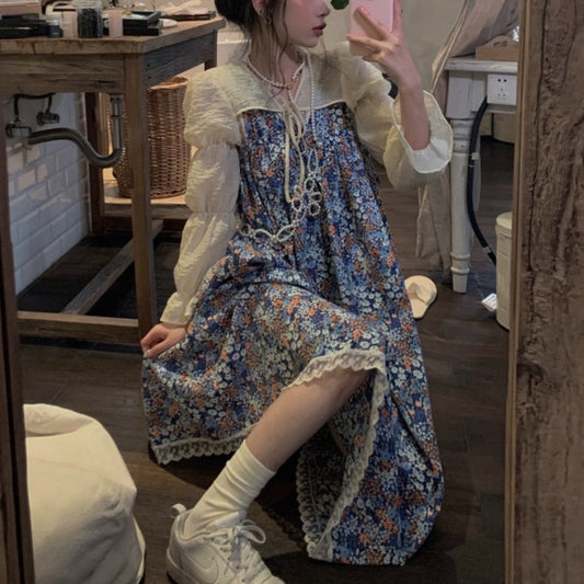flowersverse Autumn Sweet Elegant Floral Dress Women Korean Fashion Vintage Evening Party Midi Dresses Print Retro Suspender Dress