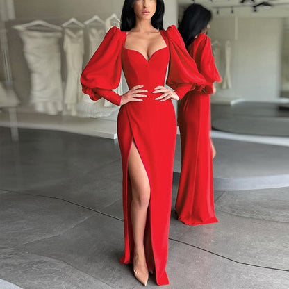 Graduation Gift Big Sale flowersverse Women's Dress Elegant Tunics Pull Sleeve High Split Evening Party Dresses Y2K Tight Long Maxi Formal Vestidos Red Black 2022