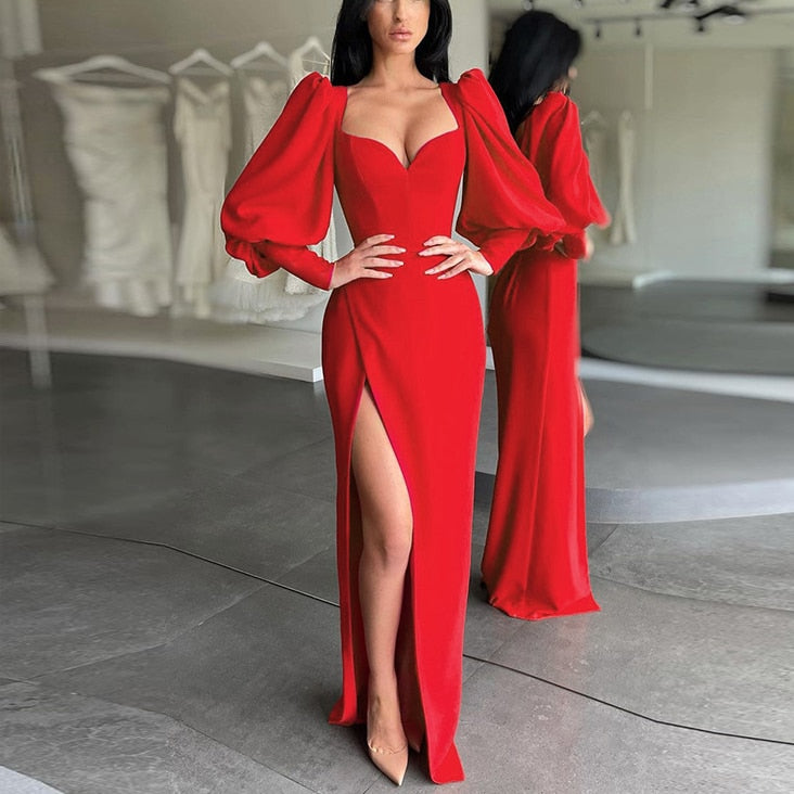 Graduation Gift Big Sale flowersverse Women's Dress Elegant Tunics Pull Sleeve High Split Evening Party Dresses Y2K Tight Long Maxi Formal Vestidos Red Black