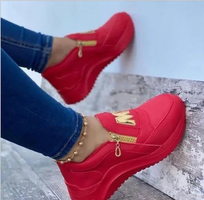 flowersverse-Women Sport Shoes Thick Bottom Solid Color Ladies Vulcanized Sneakers Casual Wedge Walking Shoes Slip On Zipper Women Shoes