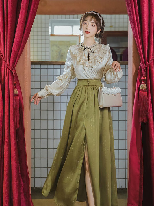 flowersverse Back to school outfit Cottage Vintage Woman Outfits Modern Retro Lantern Sleeve Ruffles Shirt & Green Bright Silk Slit Skirt Gorgeous 2 Piece Sets