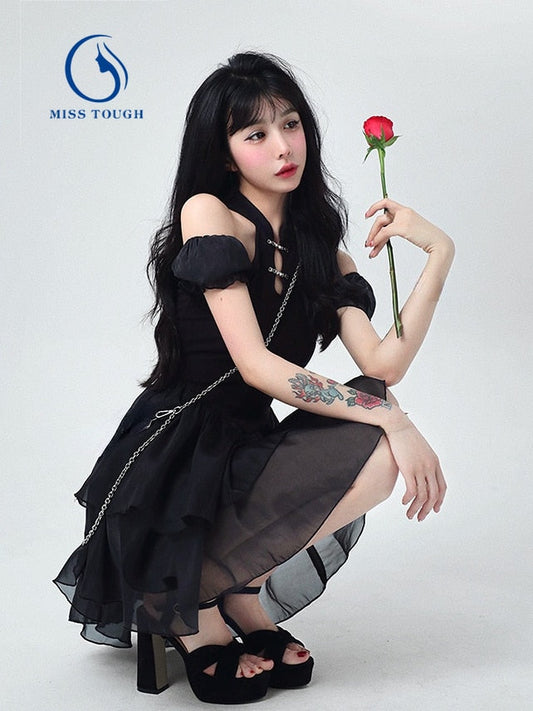 flowersverse Back to school outfit Gothic Black Y2k Mini Dress Women Evening Party Short Sleeve Slim Chic And Elegant Female Dress Corset Beach Korean  Summer