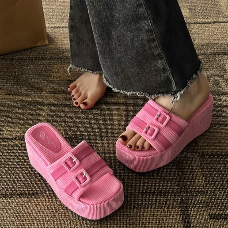 flowersverse-Square Head Platform Slippers Belt Buckles Corduroy Open-toe Women Sandals Summer New  Designer Shoes Fashion Wedge Sandals