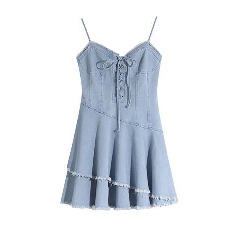 flowersverse Back to school outfit Summer Y2k Mini Dress Women Casual 2 Piece Dress Set Denim Blue Jean Dress Party Beach Style Korean Clothing Fashion Suits