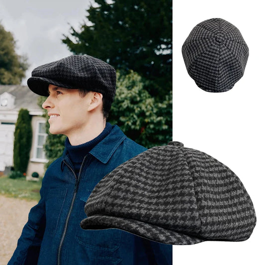 flowersverse-Retro Plaid Newsboy Hat Men Beret Black Beret Hats Peaked Octagonal with Brim Caps Winter Spring Beret NC16