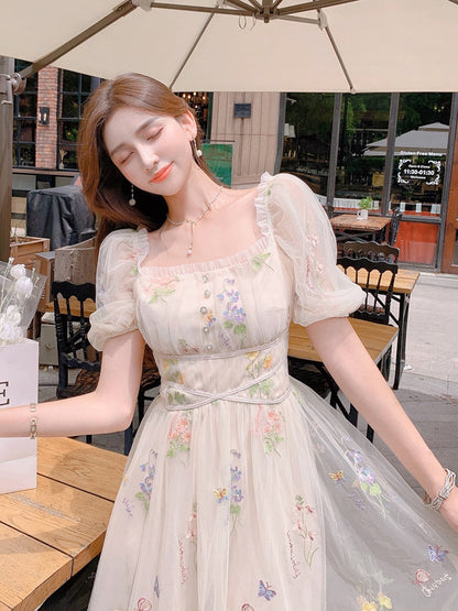 flowersverse Back to school outfit Chic Vintage Mesh Lace Fairy Dress Summer Woman Embroidery Floral Puff Sleeve Romantic Princess Dresses For Date Party Night