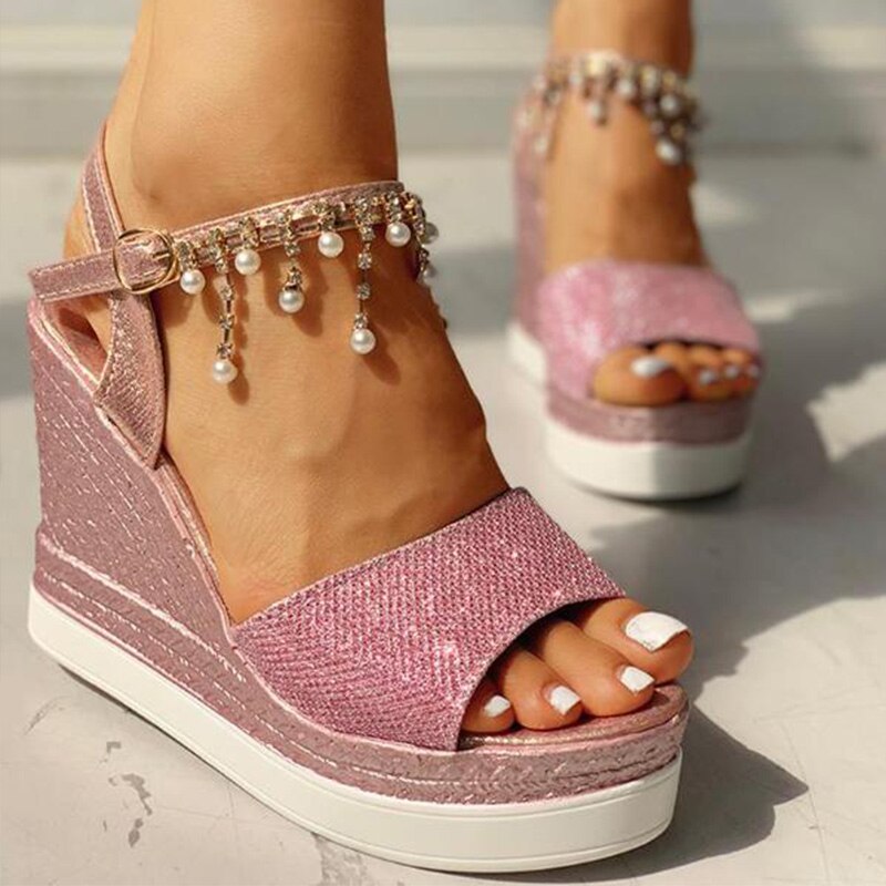 flowersverse New Women Wedge Sandals Summer Bead Studded Detail Platform Sandals Buckle Strap Peep Toe Thick Bottom Casual Shoes Ladies