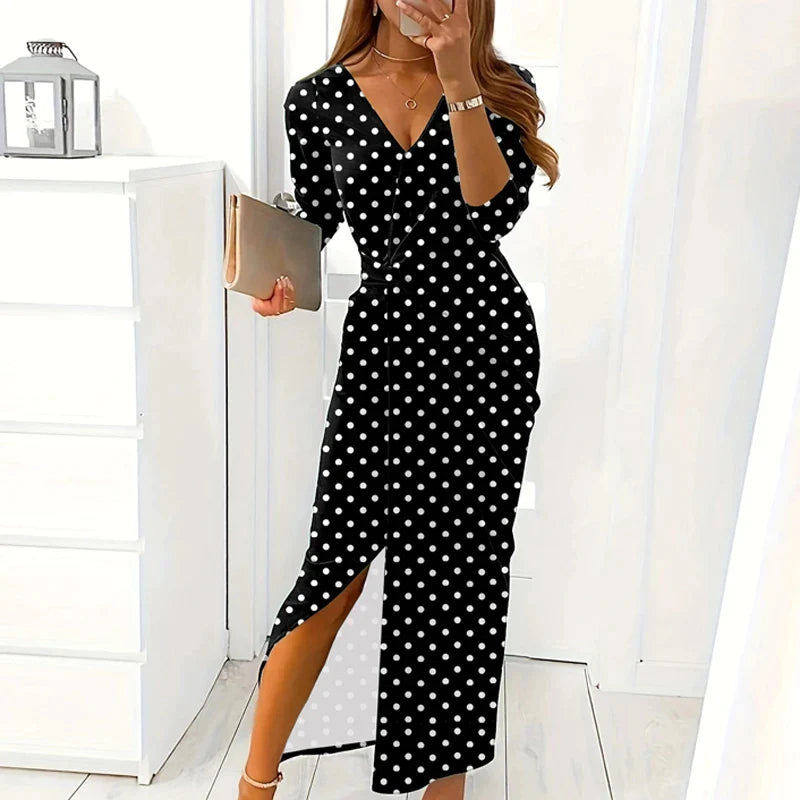 flowersverse-Women Elegant Diamond Print Slit Long Dress Spring Sexy V-neck High Waist Tunic Party Dress Autumn Long Sleeve Slim Office Dress