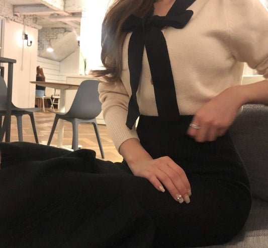 flowersverse Back to school outfit Women Sweater Elegant Korean Chic Autumn Contrasting Color Lace-Up Bow Loose Slimming Long-Sleeved Cardigans