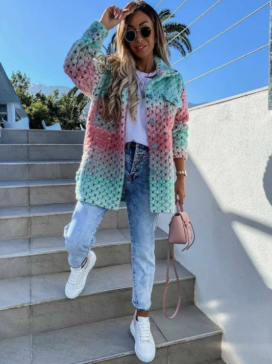 flowersverse Autumn Winter Knitted Sweaters Women Jacket Long Sleeve Colorful Print Fashion Elegant Turn-Down Collar Single-Breasted Coat Top