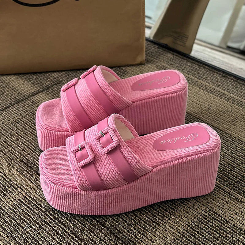 flowersverse-Square Head Platform Slippers Belt Buckles Corduroy Open-toe Women Sandals Summer New  Designer Shoes Fashion Wedge Sandals