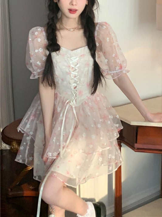 flowersverse Back to school outfit Kawaii Clothing Lolita Mini Dress Women Casual Short Sleeve Floral Beach Sundress Female Summer Even Party Dress Korean