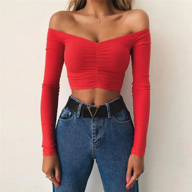 flowersverse-Sexy Off Shoulder Bare Midriff Folds Rib T Shirt Women Long Sleeves Slash Neck Short Tshirt Ladies Tee Shirt Camisetas Mujer