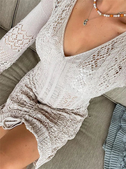 flowersverse- Women Deep V-neck Hollow Out Sexy Knitted Dresses Solid Long Sleeve Drawstring Mini dress Fashion Casual Spring Streetwear