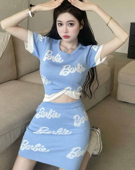 flowersverse Back to school outfit Women Knit 2 Piece Set Sexy Girl Letter Printing Color Matching Short Top Slim Bodycon Skirt Fashion Female Sweet Suit