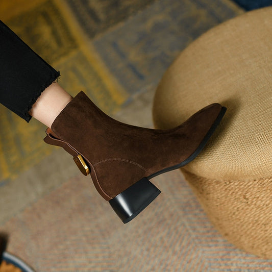 flowersverse autumn and winter Women ankle boots natural leather 22-25cm kid suede upper medium chunky heel side zipper ankle boots