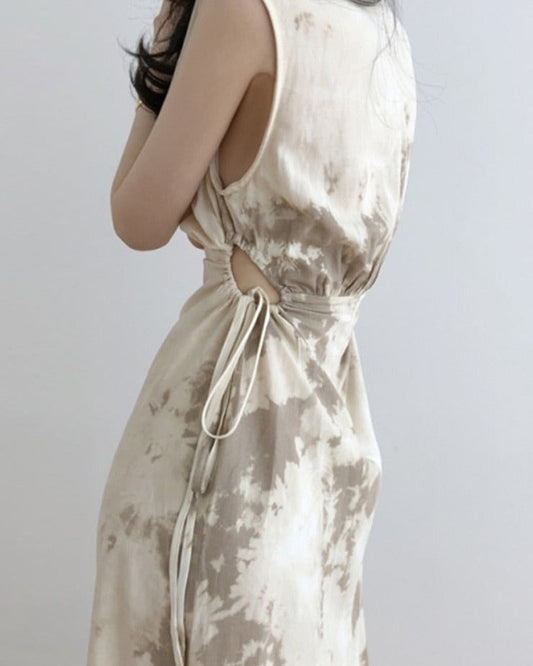 flowersverse Back to school outfit Dress Women  Korean Chic Summer Retro O Neck Hollow Out Waist Drawstring Design Harajuku Vest Vestidos Female