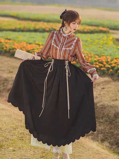 flowersverse Back to school outfit Chic Vintage Style Woman Outfits Retro Lantern Sleeve Striped Shirt & Lace Ribbon Long Maxi Skirt Cottage Prairie 2 Piece Sets