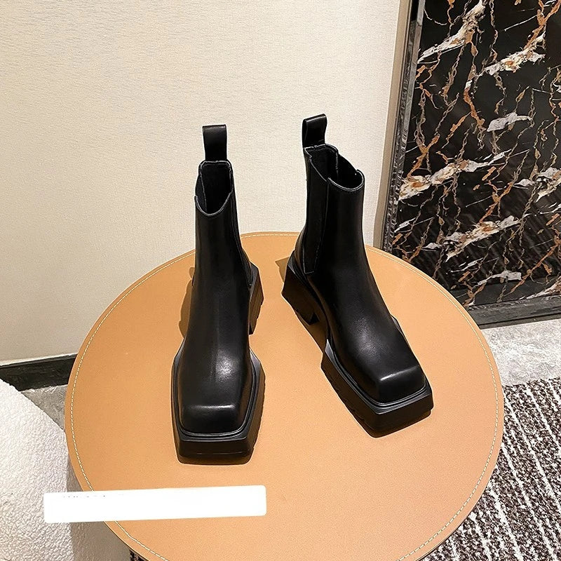 flowersverse-Genuine Leather Women Nude Boots New Chunky Heel Chelsea Boots Square Toe High Heeled Short Boots Designer Fashion Women Boots