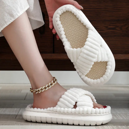 flowersverse- rNew Women Home Slippers Open-Toe Cross Band Linen Soled Indoor Slides Linen Soled Non-Slip Bathroom Slippers