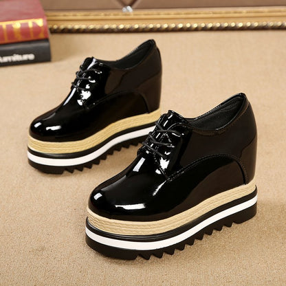 flowersverse Brand Spring Casual Solid Women Shoes Patent Leather Lace-Up Loafers Platforms Sneakers British Style Ladies Oxfords W4