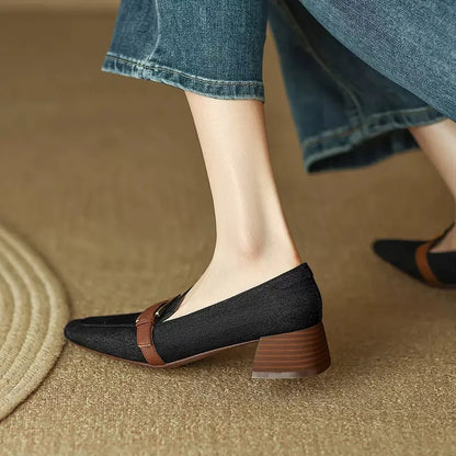 flowersverse-Retro Denim Mid-heel Loafers Women Pumps Belt Buckle Square Head Shallow Casual Women Shoes Blue Comfort Chunky Mule Shoes Women