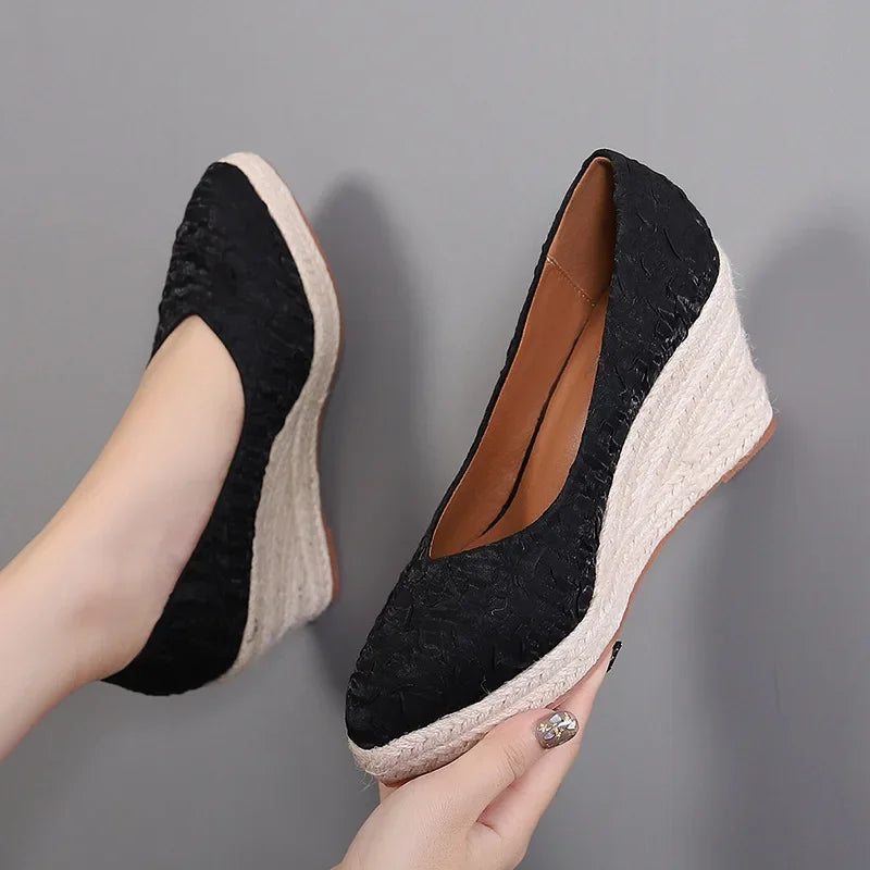 flowersverse-New Pointed Shallow Mouth Women Wedge Heel Thick Sole Single Shoes Women Straw Woven Twine rope sole Spring Autumn Shoes