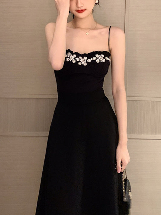 flowersverse Black Backless Strap Dress Women Sexy Party Elegant Retro Midi Dresses Slim Designer Chic Holiday Casual Hepburn Dress  New K88