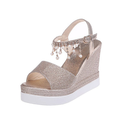 flowersverse New Women Wedge Sandals Summer Bead Studded Detail Platform Sandals Buckle Strap Peep Toe Thick Bottom Casual Shoes Ladies