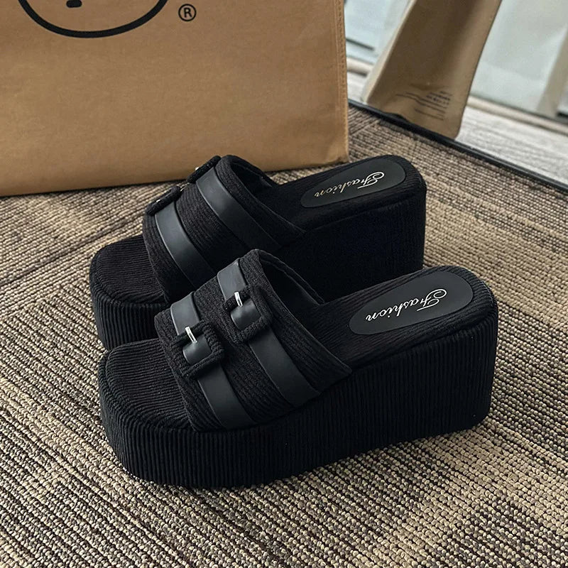 flowersverse-Square Head Platform Slippers Belt Buckles Corduroy Open-toe Women Sandals Summer New  Designer Shoes Fashion Wedge Sandals