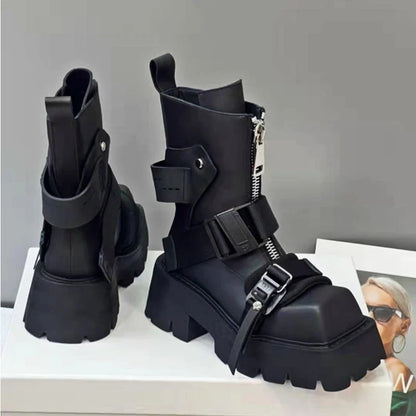 flowersverse-Genuine Leather Boots Women 2024 Tube Platform Boots Belt Buckle Design Cool Biker Botas Square Thick Bottom Head Ankle Boots