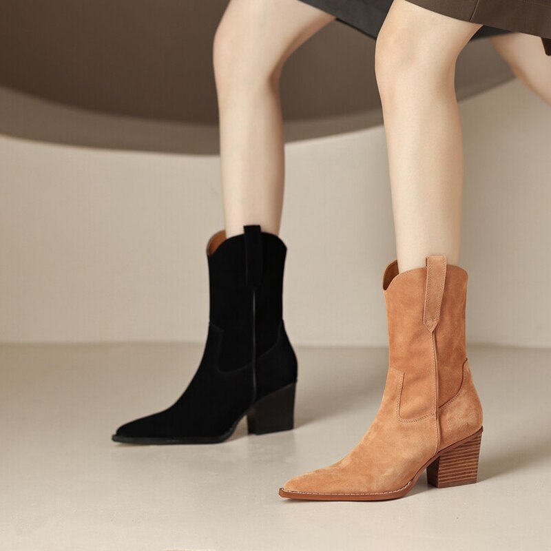 flowersverse NEW Autumn Women's Boots Cow Suede Shoes Women Pointed Toe Chunky Heel Women Boots Winter Short Western Boots Women Cowboy Boots