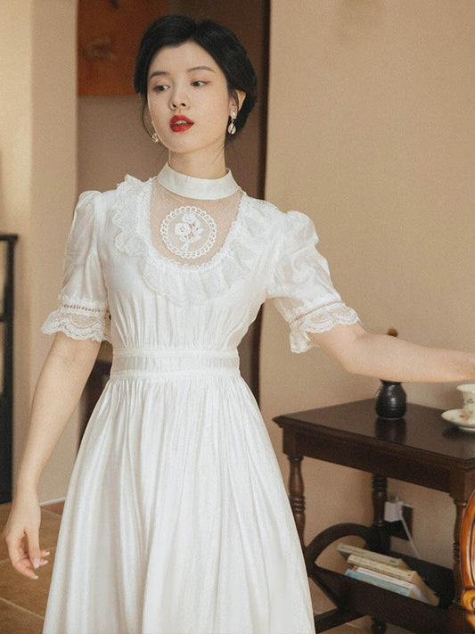 flowersverse Back to school outfit Summer Woman Elegant White Dress Romantic Vintage Lace Puff Sleeve Gorgeous Princess Dresses Vestido Blanco Robe Blanche Femme