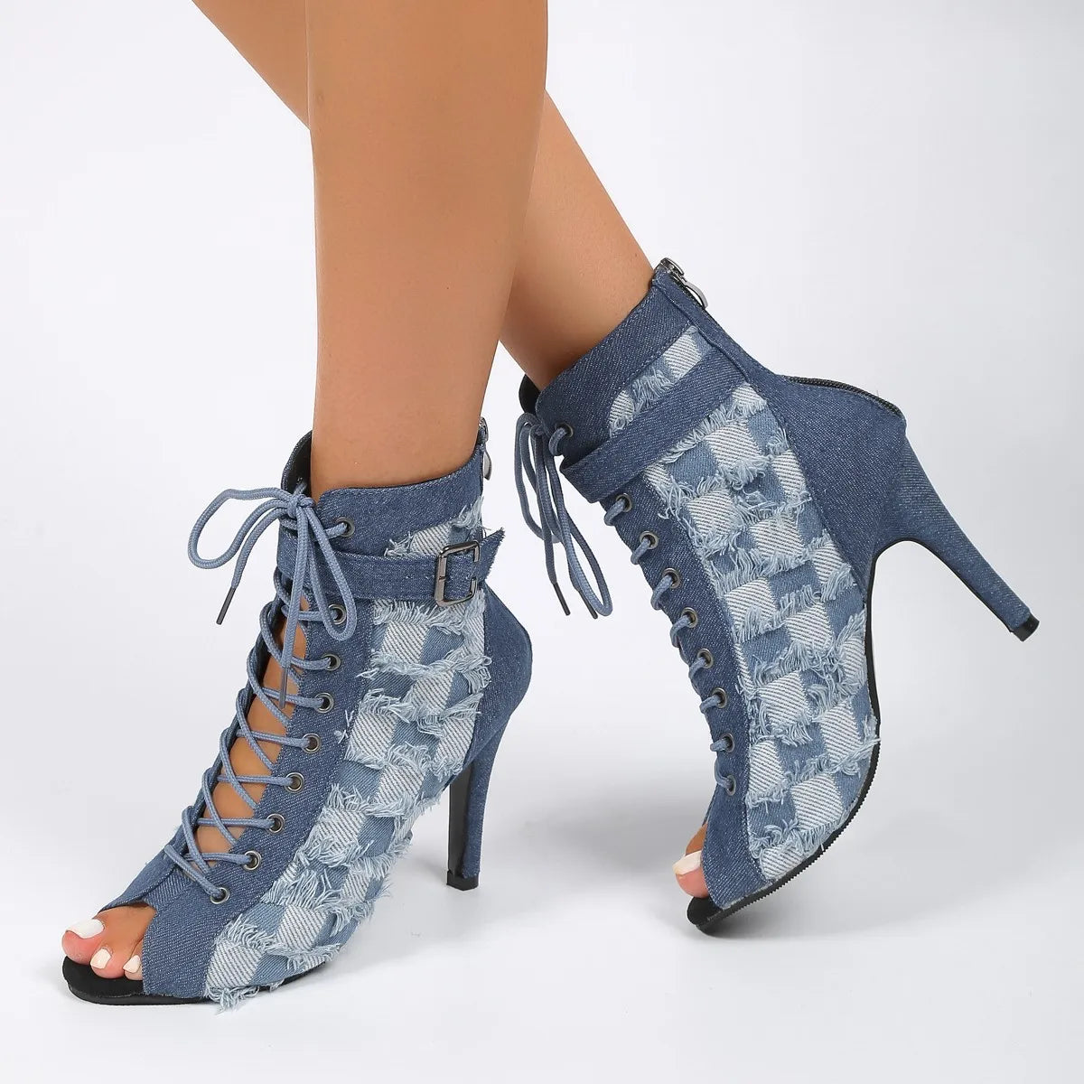 flowersverse-Rubber Sole Latin Dance Boots Sexy Modern Shoes Dance High-heeled 9cm Sandals Lace-up Hollow Belt Buckle Fashion Square Denim