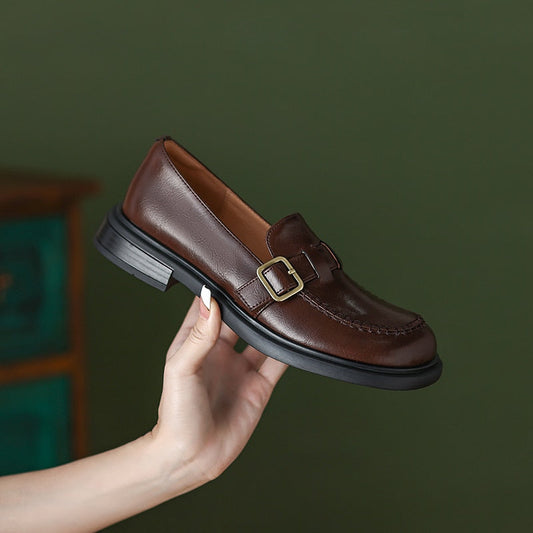 flowersverse  new Spring women pumps natural leathe 22-24.5cm cowhide+pigskin round toe buckle sweet loafers platform heels women