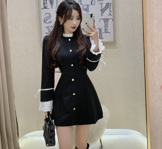 flowersverse Back to school outfit Women Dress  Spring Autumn Japanese Sweet Temperament Female Lace-Up Stand-Up Collar Petal Sleeve Design Vestidos
