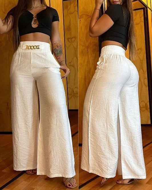 flowersverse Women's Pants  Spring Fashion Chain Decor High Waist Casual Plain Pocket Design Daily Wide Leg Long Pants Y2K Streetwear