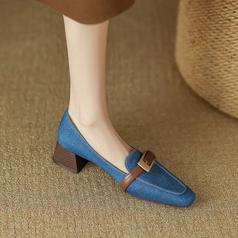 flowersverse-Retro Denim Mid-heel Loafers Women Pumps Belt Buckle Square Head Shallow Casual Women Shoes Blue Comfort Chunky Mule Shoes Women