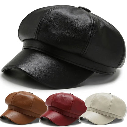 flowersverse-Women Men PU Leather Berets Hat Retro British Solid Beret Baseball Cap Outdoor Sun Hat Winter Warm Octagonal Hats Newsboy Caps