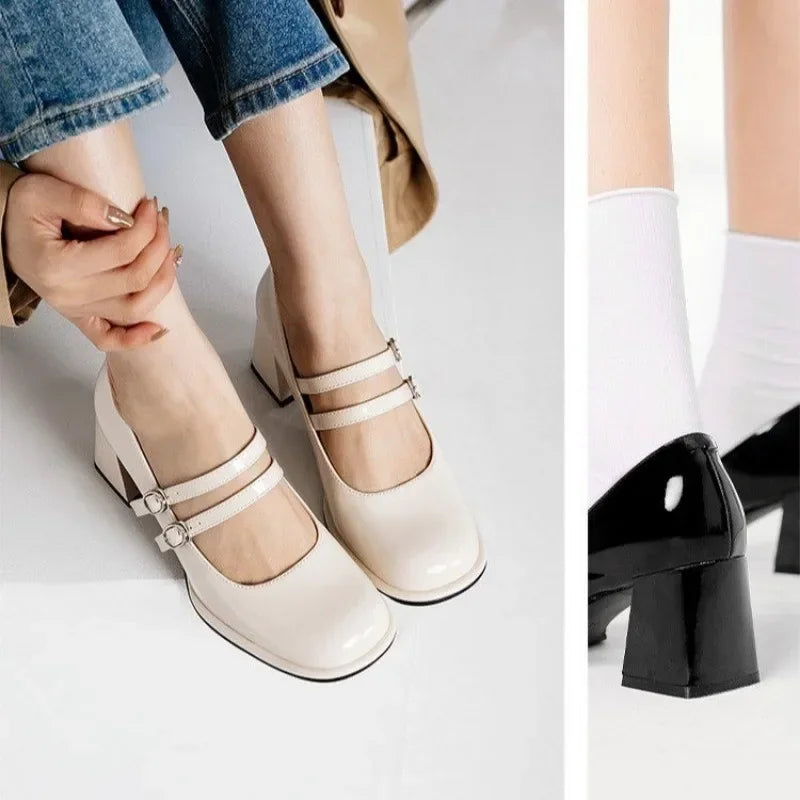 flowersverse-Mary Jane Shoes 2024 Fashion Square Toe High Heels Buckle Single Shoes Shallow Mouth Designer Women's Party Dress Shoes